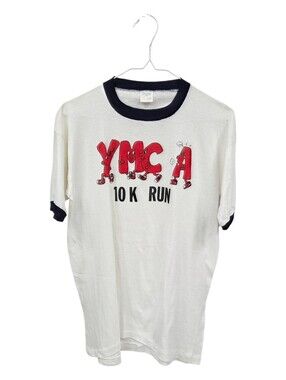 Vintage 70's Rare YMCA 10K Run White Ringer T-Shirt Large